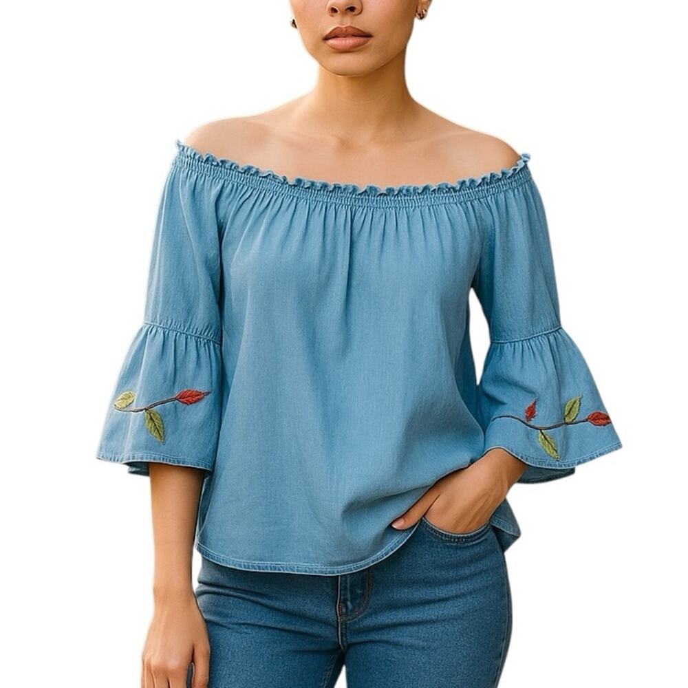 Speed Limit Mph Blue Off-Shoulder Embroidered Ruffle Sleeve Top Size M Cotton